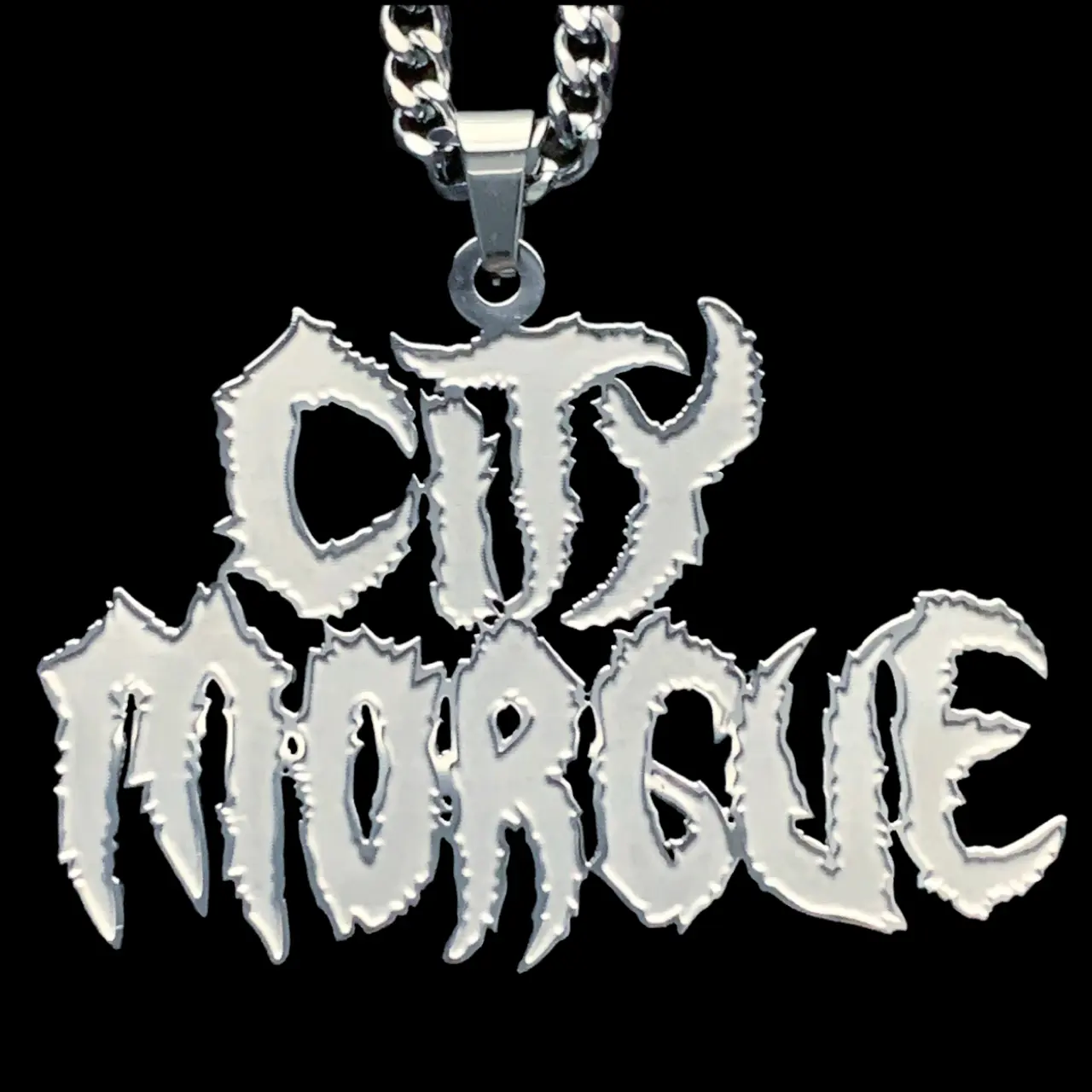 City Morgue Etched Necklace - 2" Laser Cut Stainless Steel ZillaKami SosMula Pendant with Satin Finish & Polished Outline - Mirror Quality Shiny Reflective Surface Choice of Chain Free Gift Included