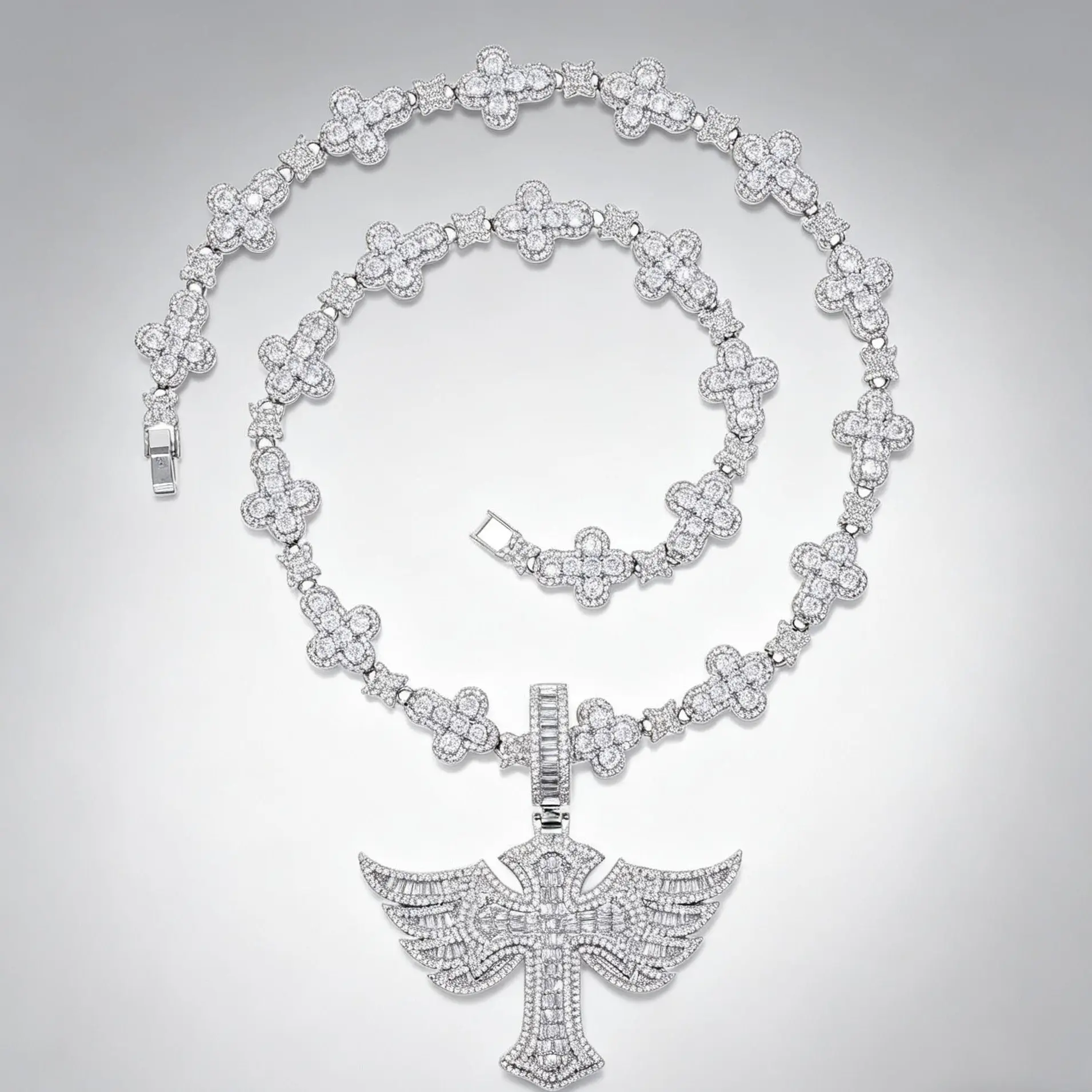 2299 Angel Wing Cross Pendant Clover Link Necklace - Iced Out Chunky Cross Chain Design, Bold Accent Hip Hop Streetwear Fashion Modern Costume Jewelry Accessory
