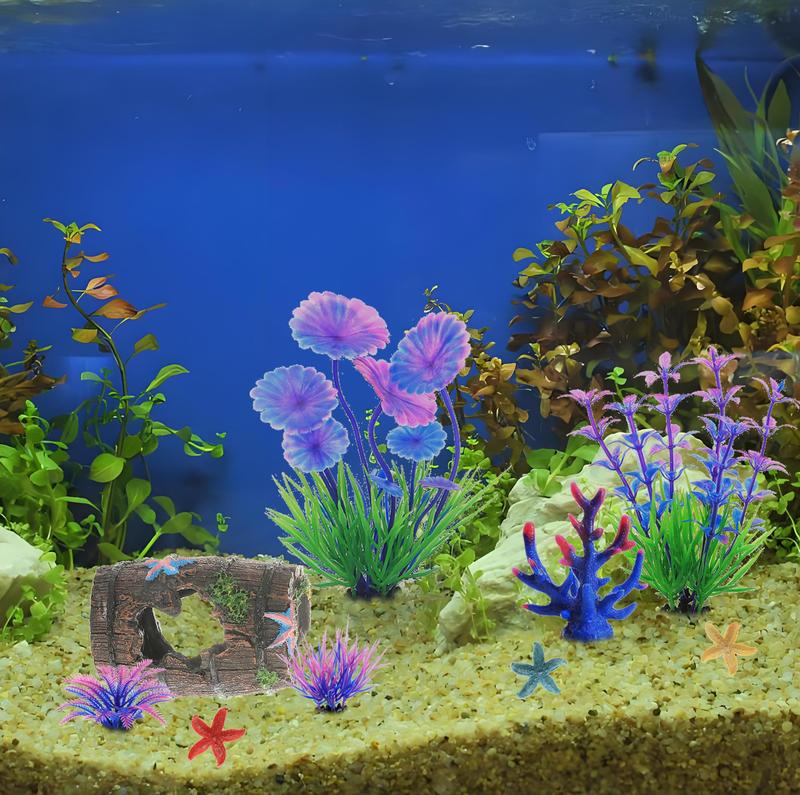 9 PCS Aquarium Artificial Plastic Plants Decorations and Broken Barrel Decor Set Goldfish Betta Fish Tank Accessories Small Large Fish Bowl Ornaments