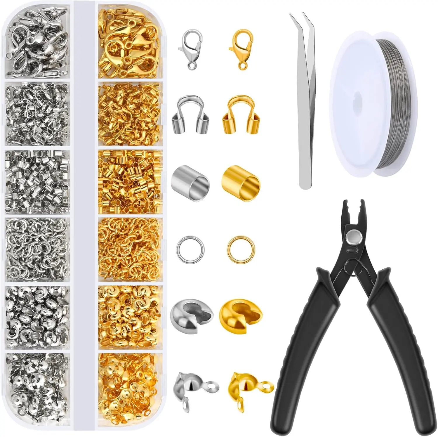 1200 count Crimp Beads Kit for  Making,  Crimp Beads, Crimp Covers, Crimp Tubes and Wire Guardians, Lobster Clasps, Jump Rings, Crimping Pliers and Beading Wire for  Making