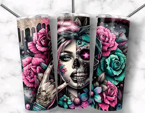 20 oz Skinny Tumbler - Skull Flower