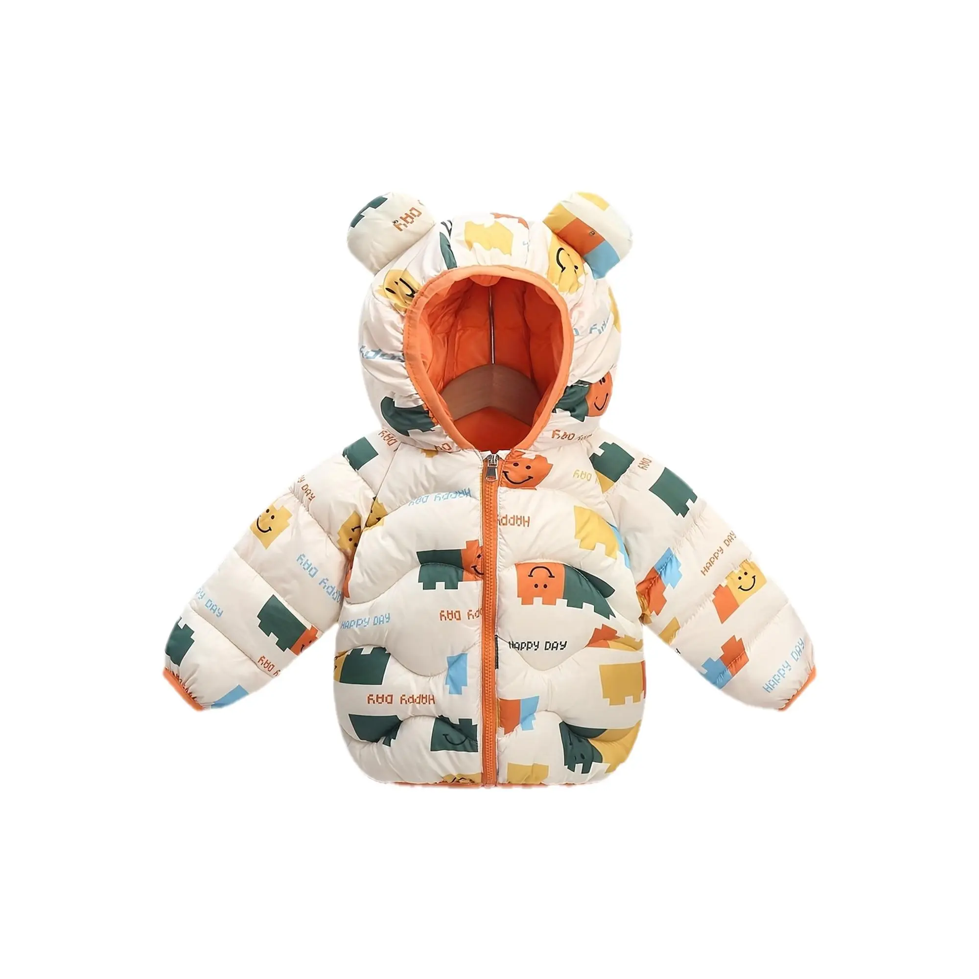 Girls' & Boys' Lightweight Winter Hooded Jacket with Cartoon Bear & Building Blocks Print - Warm Puffy Coat for Toddlers, Infants, Youngsters - White with Colorful Accents, Winter Baby Coat, Toddler Winter Wear, Playful Toddler Design, Soft Toddler Jacket