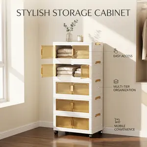 *5-Tier Foldable Storage Cabinet with Wheels| Space-Saving, Dust-Proof Organizer for Bedroom & Living Room foldable storage cabinet rolling storage cabinet with wheels 5 tier storage cabinet