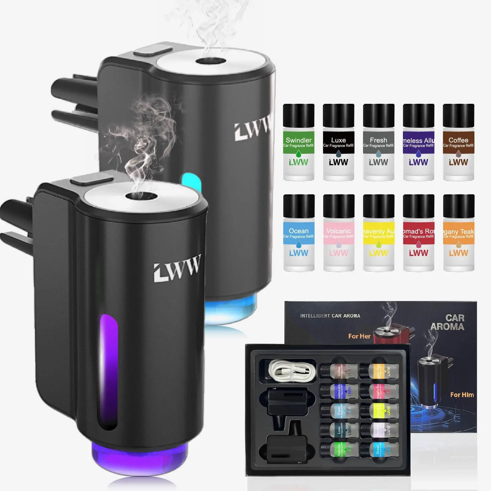 LED Car Air Freshener Diffuser, Smart Car Air Freshener, Car Diffuser Air Freshener with Three Adjustable Modes, Aromatizante Para Carro with 10 pcs Essential Oil, Car Fresheners Long Lasting, Car Fragrance Set