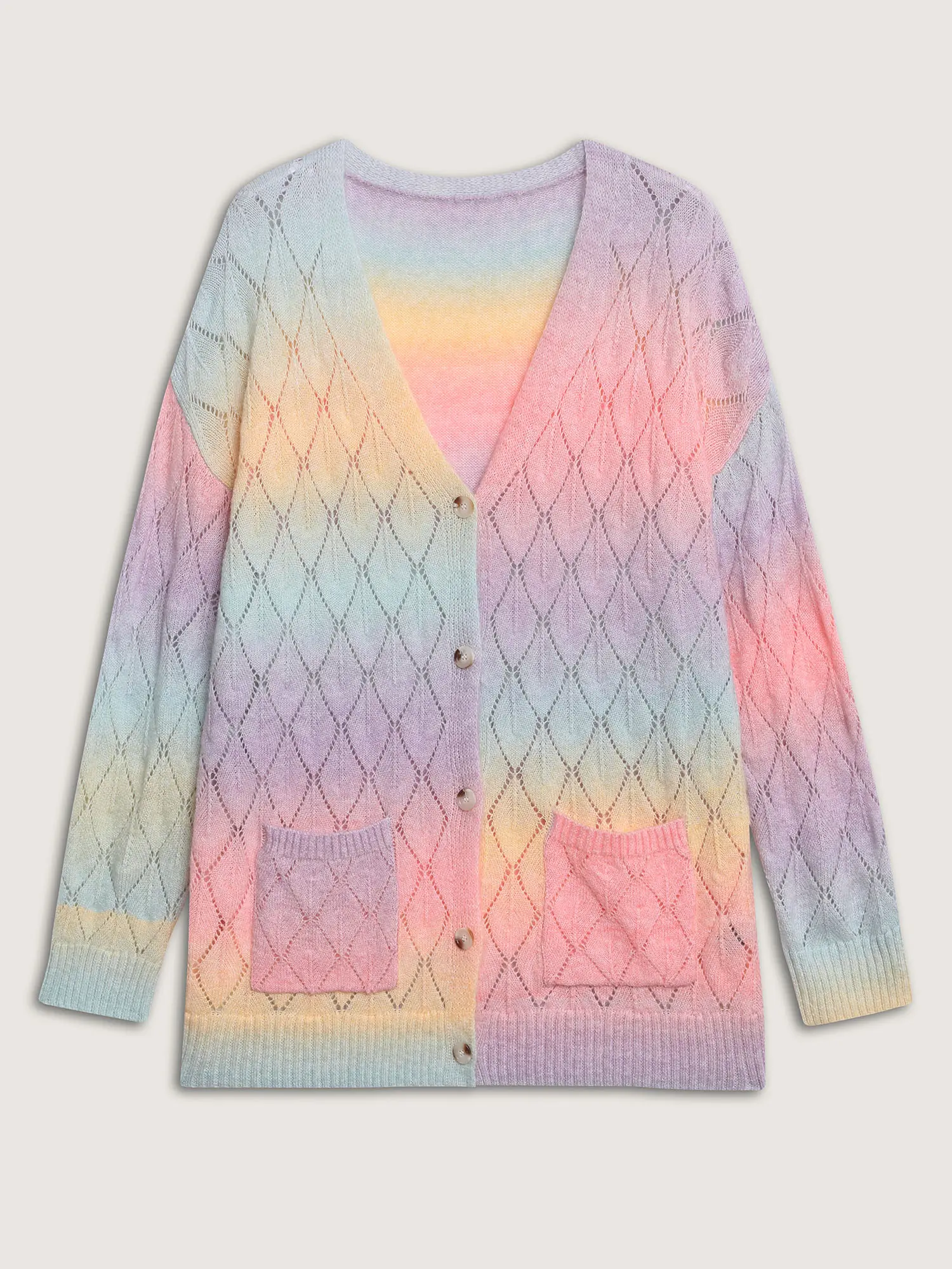 BloomChic Women's Long-Sleeve V-Neck Ombre Gradient Print Eyelet Trim Fitted Knitwear Cardigan with Pocket, Casual Fashion Top for Summer, Women's Clothing,summerwins Longsleeves Vneck,Spotlight,Summer wins,Deals for you days