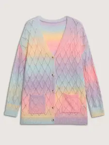 BloomChic Lady's Knitting V-Neck Ombre Gradient Print Eyelet Trim Cardigan - Long Sleeve Fitted Women's Clothes with Pocket, Fashion Casual Top,summervibes