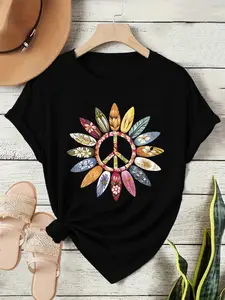 Women's Floral Peace Sign Print Fitted T-Shirt, Soft Stretch Stretchy Round Neck Short Sleeve Top, Casual Summer Spring Tee