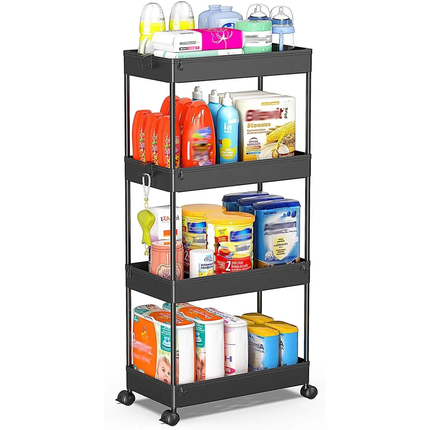 4-Tier Smooth Plastic Storage Cart - Durable Rolling Utility Organizer Racks, Mobile Shelving Unit for Bathroom, Kitchen, Laundry Room (Black)