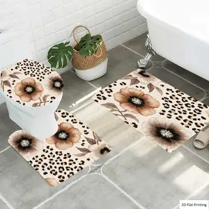 1/3Pcs Floral and Leopard print Bathroom Mat Set, Flannel Non Slip Bath Rug, Toilet U-Shape Mat, Toilet Lid Cover, Thickened Soft Absorb Water, Microfiber Surface Memory Foam Cushion, Home Bathroom Holiday Decor