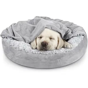 Small Dog Bed Cat Bed with Hooded Blanket, Cozy Cuddler Luxury Puppy Pet Bed, Donut Round Calming Anti-Anxiety Dog Burrow Cave Bed - Anti-Slip Bottom and Machine Washable 23 inch