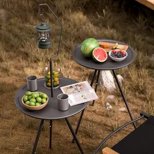Outdoor Folding Camping Table Portable Small Round Table Picnic Camping Equipment Tea Table Double Layer Adjustable with Light Stand