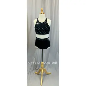 Black and Mauve Lycra and Mesh Top and Briefs Two-Piece Set - Rhinestone