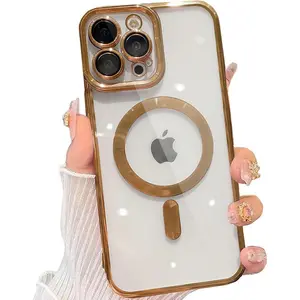 Magnetic  Phone Case for iphone 16ProMax 17,16,15,14,13,12,11 ProMax,Pro,Plus [Compatible with MagSafe].Transparent Electroplated with Camera Lens Protection Glass,Drop-Proof & anti-yellowing
