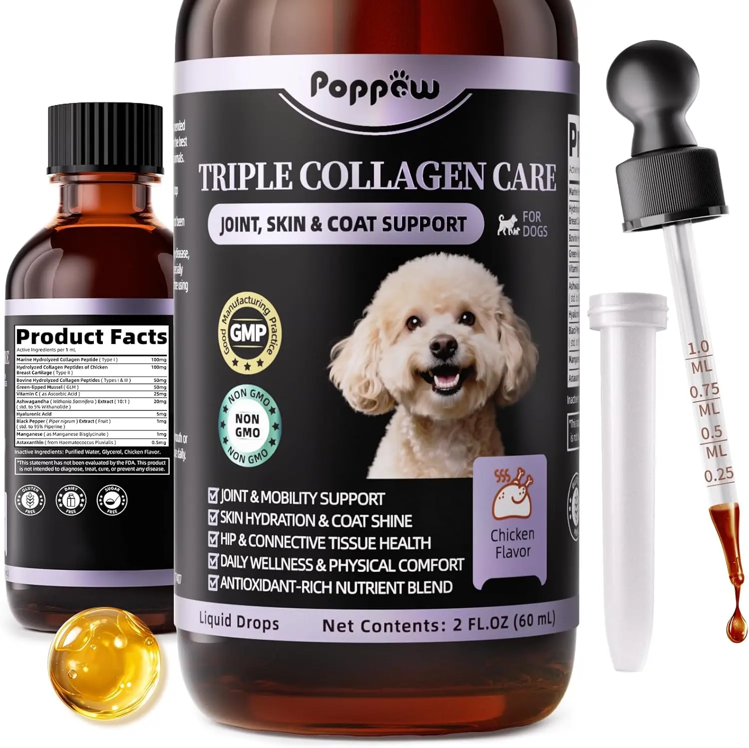 POPPAW Collagen for Dogs - 12-in-1 Liquid Collagen for Skin & Coat Support, Hip & Joint with Types I, II & III Drops, Hyaluronic Acid, Green-Lipped Mussel - Chicken Flavor, 2 FL Oz