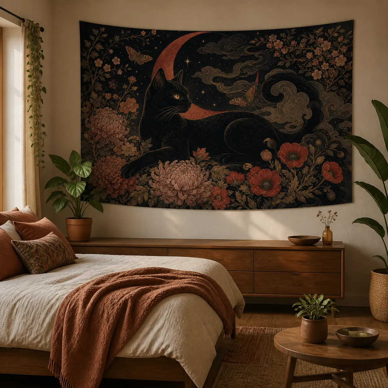 Black Cat Floral Tapestry, Lightweight Linen Fabric, Moonlit Botanical Wall Hanging with Orange Flowers, Whimsical Wall Art for Bedroom, Living Room or Dorm