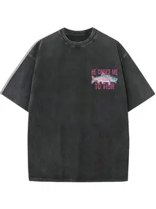 Men's Vintage Washed Trout Fishing Print T-Shirt, Loose-Fit Casual Long Sleeve, Breathable Polyester, Streetwear Style, All Seasons