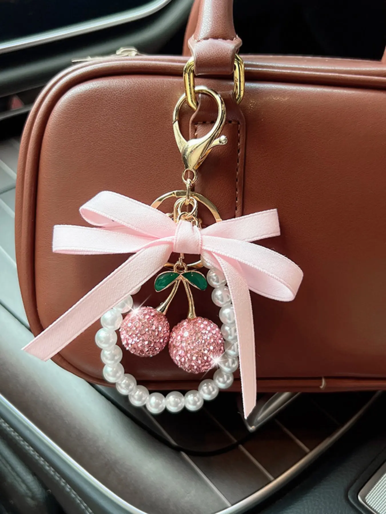 Cherry Rhinestone Keychain, Pearl Cherry Bag Charm, Bow Cherry Pendant, Car Mirror Decoration, Luxury Purse Charm, Fashion Jewelry, Keychain For Bags, Bling Bling Keychains