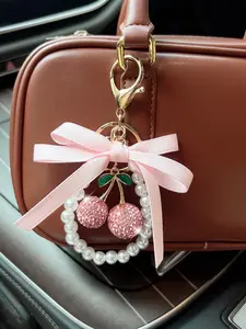 Cherry Rhinestone Keychain, Pearl Cherry Bag Charm, Bow Cherry Pendant, Car Mirror Decoration, Luxury Purse Charm, Fashion Jewelry, Keychain For Bags