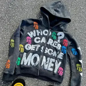 Y2K Zipper Hoodie Bubble Print Letter Pattern Jacket Hip Hop Sweatshirt Unisex