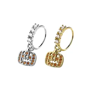 20G Crystal Paved CZ Ghost Pumpkin Dangling Bendable Nose Ring Hoop 3/8" 9mm - Sold Individually