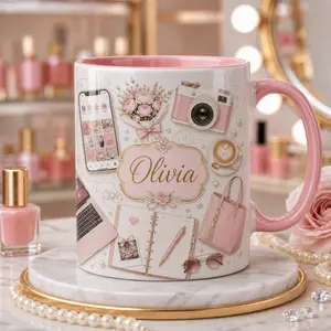 Custom Lifestyle Blogger Name Mug, 2D Printed 3D Effect Ceramic Coffee Cup, Pink Social Media Camera Planner Design, Personalized Gift for Content Creators, Influencers, Bloggers, Birthday Christmas Gift