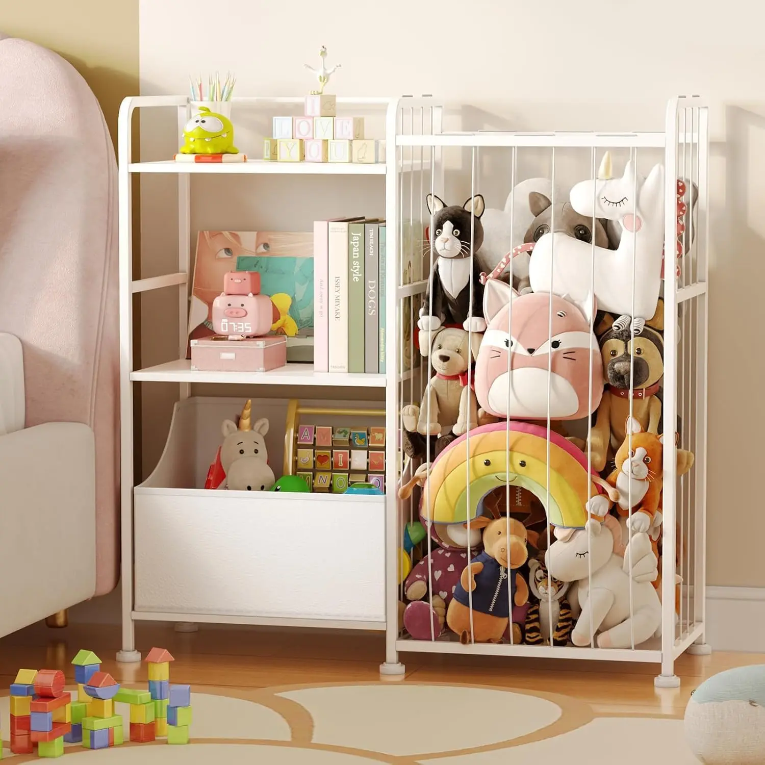 Stuffed  Storage - Stuffed  Net with  Bookshelf and  Organizer, 2-Tier White Bookshelf with Stuffed  Holder and Fabric  Chest for  Room, Playroom, , White