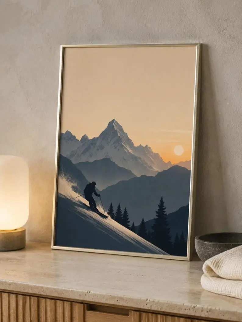 [Sale Up to 60% Off][Free Shipping][No Frame] Skiing Wall Art Poster, Alpine Mountain Sunset Print, Snowy Peak Winter Landscape, Vintage Ski Resort Decor, Adventure Sports Artwork, Cabin Wall Art, Outdoor Lover Gift