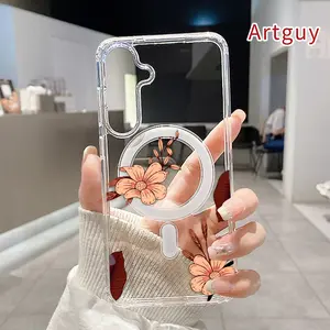 Magnetic Soft Case for  Samsung Galaxy S26 S23 Ultra S24 Plus FE S25 S22+ Floral Delight Blossom Grace Petal Harmony Pattern Anti-Yellowing Shockproof ultra-thin Silicone Crystal Transparent Acrylic Large Hole Cover Supports Wireless Charging
