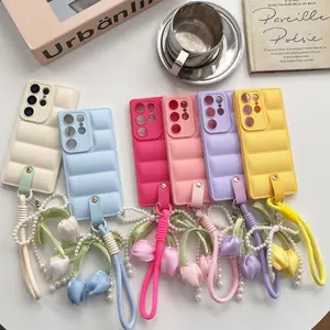 Soft & Cozy New Tulip Puffer Phone Case with Pearl Lanyard, Macaron Colors, Shockproof & Unique Design, Compatible with Samsung S22/S23/S24/S25/S26 Series.