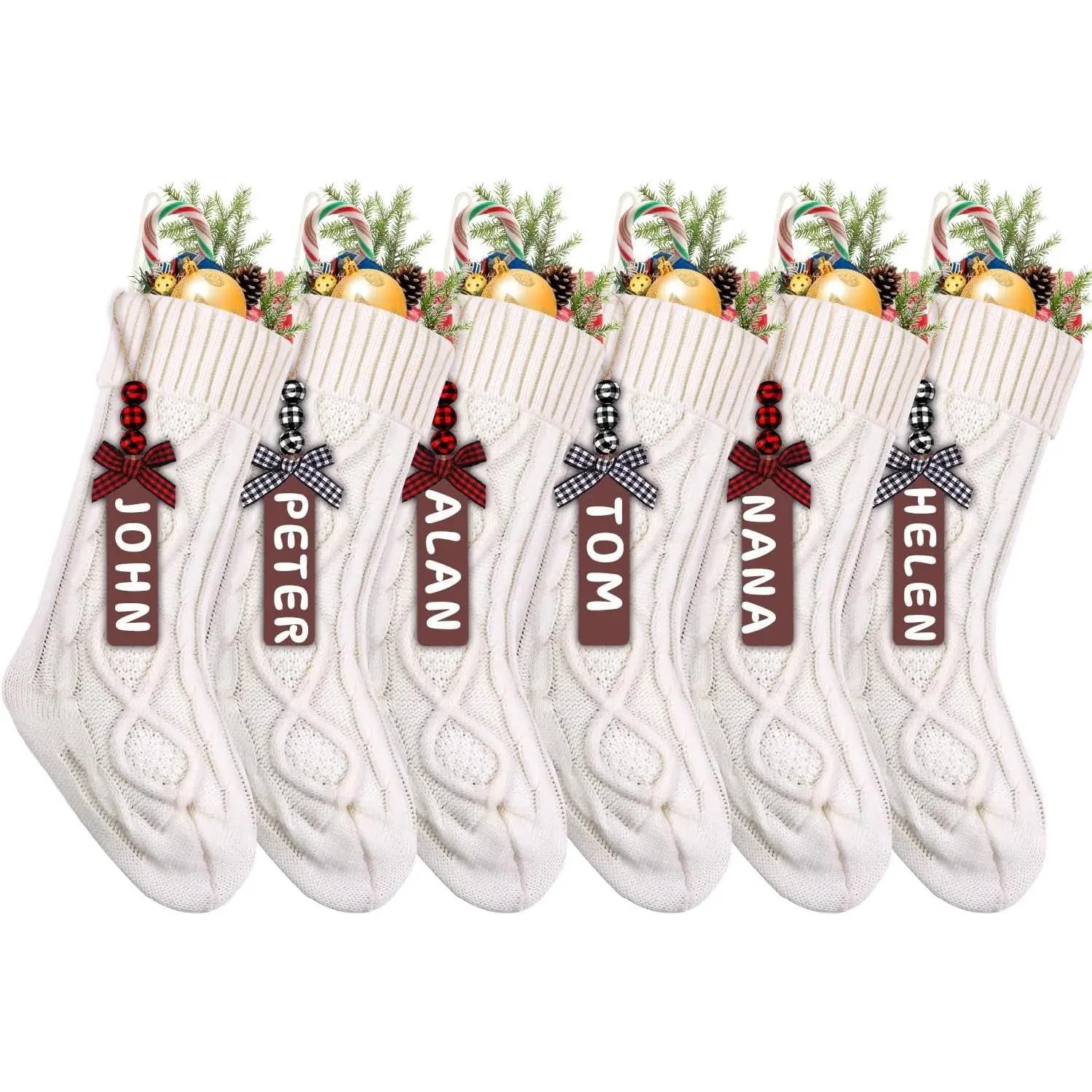 6PACK White Christmas Stockings,18Inches Large  Knitted Stocking Personalized Xmas Hanging Stocking Decorations with Name Tags for Holiday Christmas Party Family Decor
