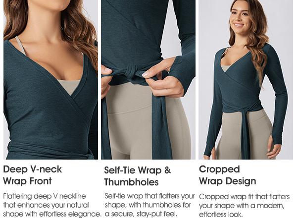ODODOS Women's Waist Tie Wrap Top - Ultra Soft odSTRATUM Tech UPF 50+ Long Sleeve Cropped Ballet Yoga Shirt with Thumbholes, Women's Clothes, Clothes For Women