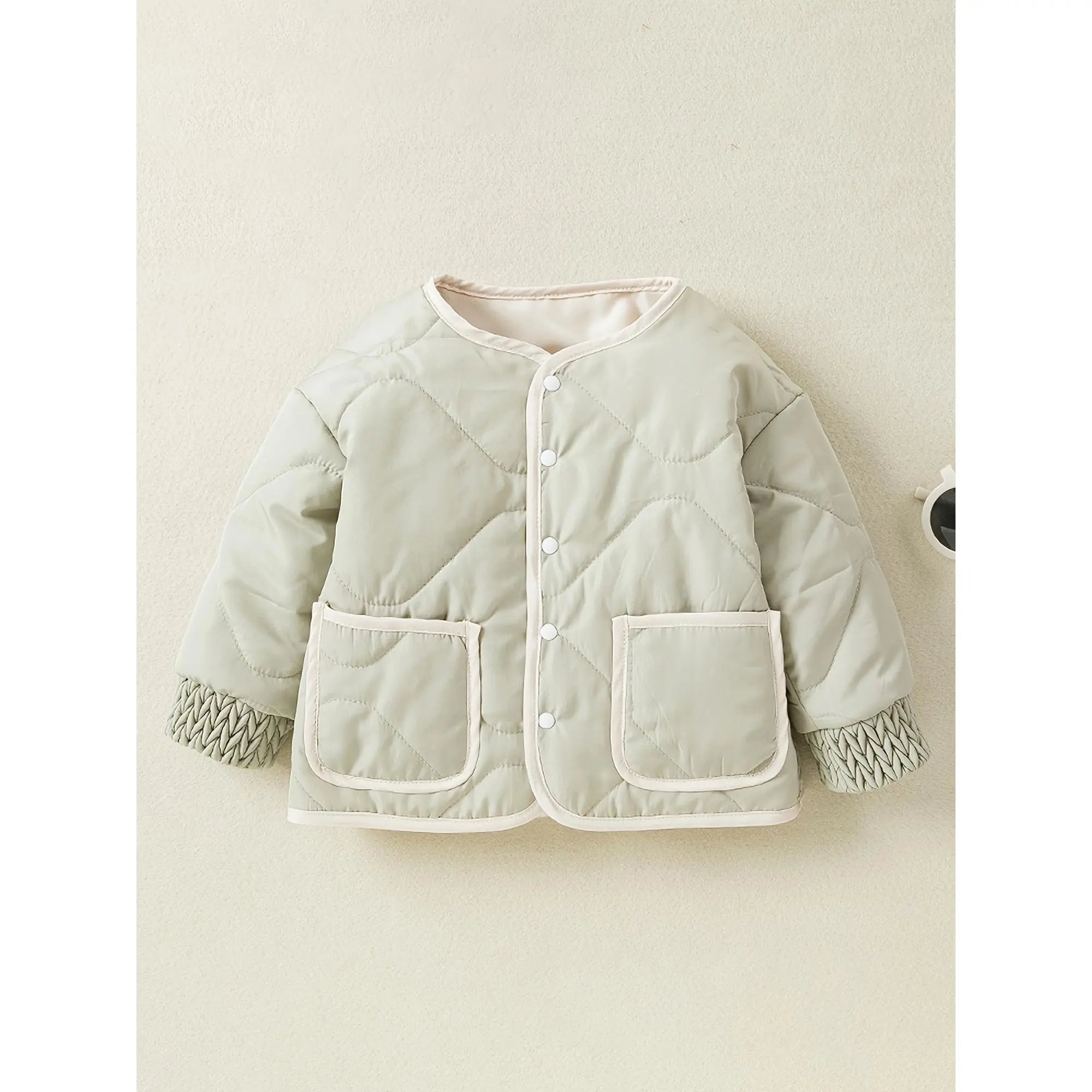 Quilted Jacket for Toddler Girls, Casual Solid Color Long Sleeve Crewneck with Snap Button Closure for Fall Winter, Girl, Polyester, Crew Neck, Elastane, Snap Buttons