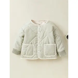 Toddler Quilted Jacket Round Long Sleeve Snap-on Button Winter Coat with Pockets Casual Outerwear Boys Girls