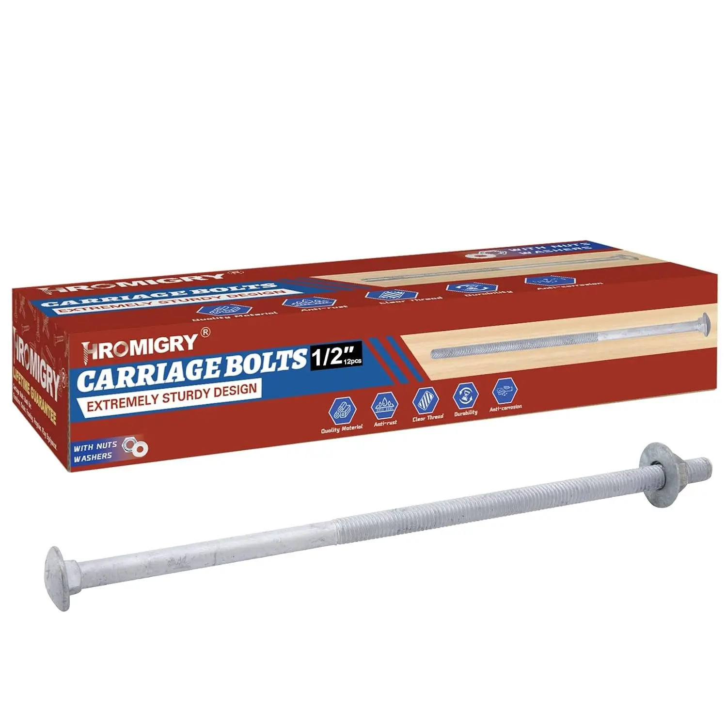 1/2" x 10" Carriage Bolts (12 PCS), Hot Dip Galvanized, Heavy Duty Round Head with Washers and Nuts