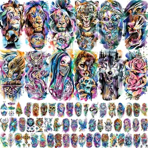 66 Sheets Watercolor Temporary Tattoos For Men Women Forearm Shoulder Legs Body Arm, 12 Sheets Long Lasting Lion Tiger Wolf Dragon Ealge Fake Tattoo Sleeve Adults, 54 Sheets Groovy Small Tatoos