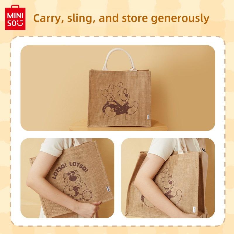 MINISO Disney Winnie The Pooh Series Large-Capacity Jute Tote Bag - Printed Shoulder Shopper, Versatile Daily Commute Accessory For Women Holiday & Holiday Haul