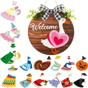 Easter Goose Sign for Front Door 16pcs Interchangeable Goose Sign Say Welcome Cute Goose Wooden Sign for Seasonal Holiday Changeable Welcome Decoration for Door Hanger Farmhouse Porch Geese Outdoor, Easter Gift for Goose Lovers