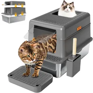 Erinaik Stainless Steel Cat Litter Box with Lid,36L Extra Large Litter Box XL for Big Cats Top Entry Metal Litter Box with Double Filter Pedal & Scoop High Sided & Non-Sticky & Anti-Leakage
