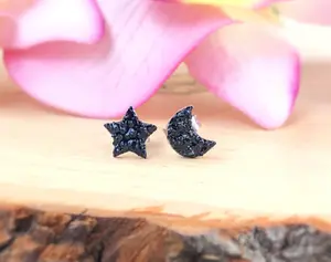 Tiny Black Tourmaline Star and Moon Studs, Celestial Stud Earrings, Mismatched Stud Earrings, Crescent Half Moon Studs, Natural Gemstone Earrings, Raw Crystal Studs, Stone Protection Studs, Witchy Gift for Birthday