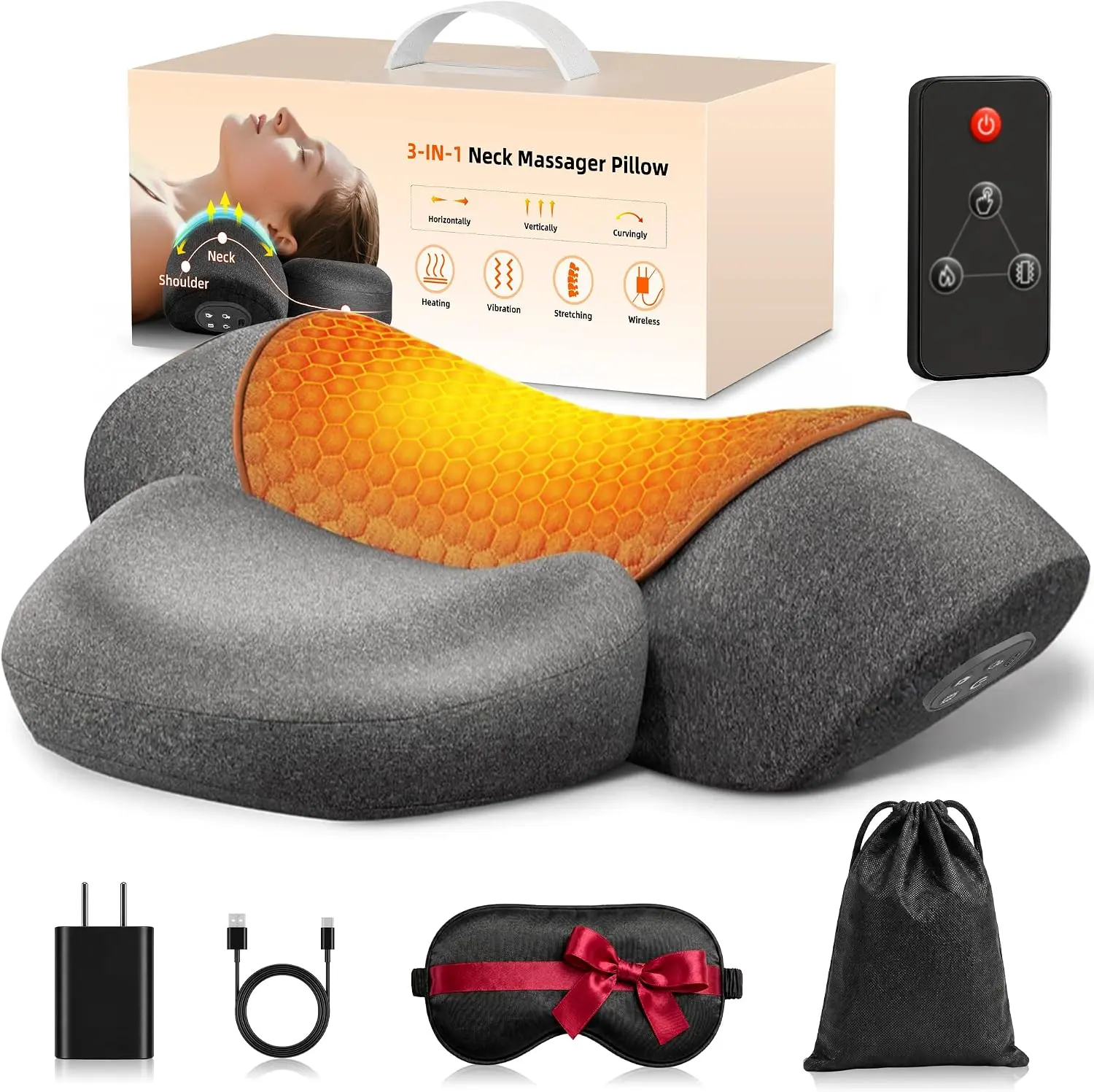 3-in-1 Relaxing Neck and Shoulder Massager Pillow, Cordless Rechargeable with Heat, Shiatsu Kneading, Vibration, Stretching & Remote Control, for Home & Office Use