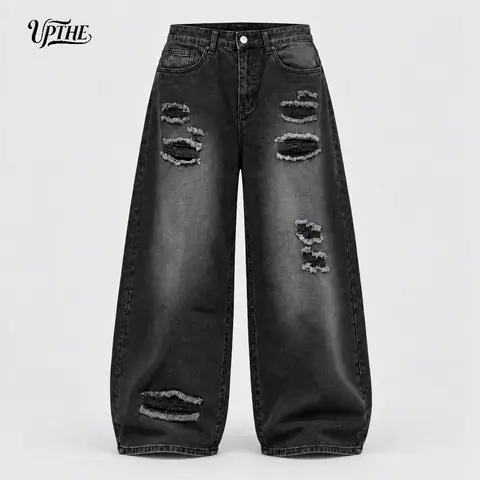UP THE Men's Wide Leg Large Extreme Baggy Vintage Wash Heavyweight Grunge Distressed Denim Jeans - Plain Casual Menswear with Halloween Vibe, Hip Hop Streetwear for Daily Wear & Hangout, Large Men's Jeans