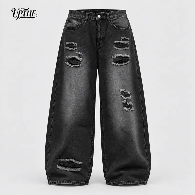 UP THE Men's Wide Leg Large Extreme Baggy Vintage Wash Heavyweight Grunge Distressed Denim Jeans - Plain Casual Menswear with Halloween Vibe, Hip Hop Streetwear for Daily Wear & Hangout, Large Men's Jeans