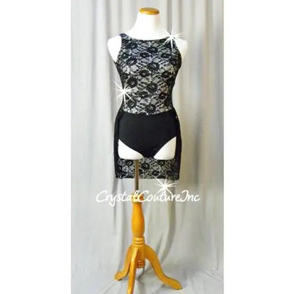 Black Floral Lace Leotard with White Lining/Attached Half-Skirt - Swarovski Rhinestones