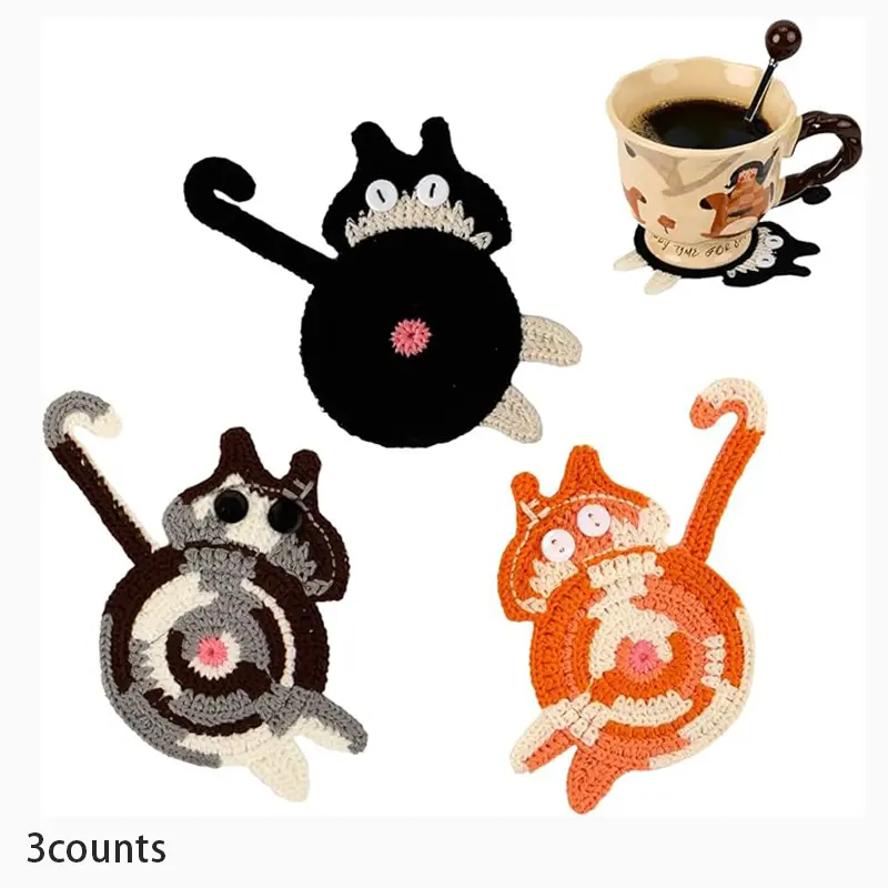 3counts Cute Cat Coasters Set, Fun Woven Creative Drink Mats, Perfect Gift for Cat Lovers, Home Decor Indoor Coffee Cup Pads, Desktop Protection