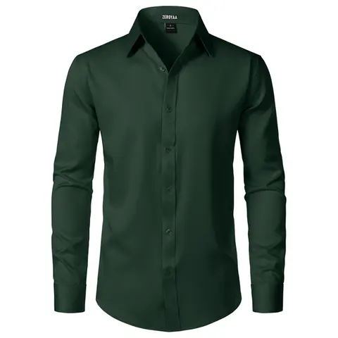 ZEROYAA Men's Fitted Modern Tailored Cut Button-Up Dress Shirt - Collared Long Sleeves, Stretch Wrinkle-Free Fabric, Casual Black Solid Top, Button Front Clothes Products for Office, Concert (US Sizes)