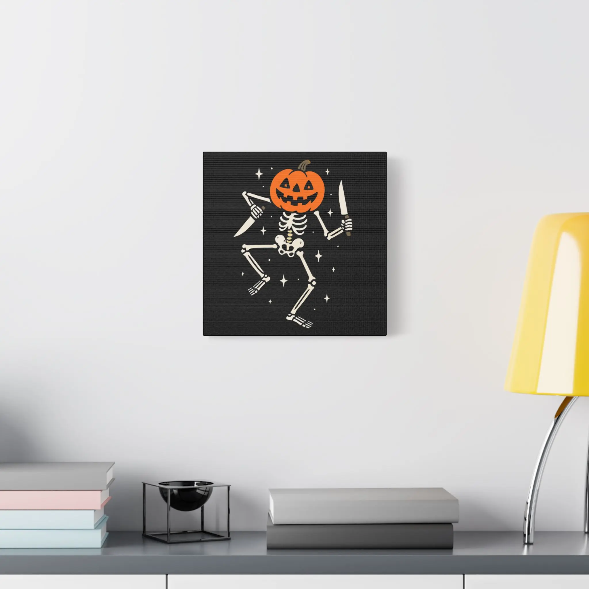 Halloween Skeleton Wall Art, Spooky Home Decor, Pumpkin Head Canvas, Fall Decor for Kids Room, Trick or Treat Decoration