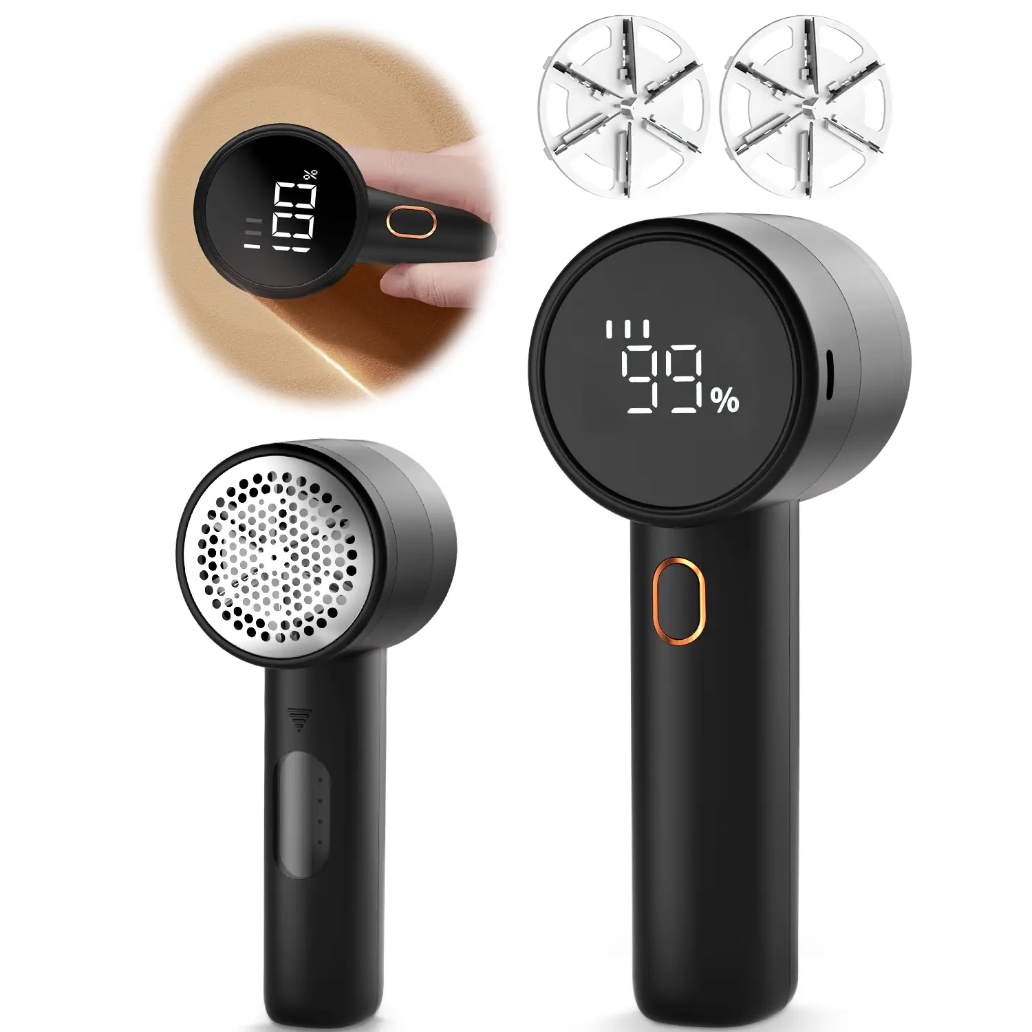 FrSara Fabric Shaver, Lint Remover Rechargeable, Electric Portable Sweater Defuzzer with 3 Speeds, 6 Leaf Blades, Free 2 Blades, Digital LED Display t