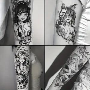 4 Large Herbal Tattoo Stickers, Including One Cartoon Element, Two Dragon Girl Elements, and One Geisha Element Style, Lasting 7-15 Days, Waterproof and Wear-Resistant, Realistic Effect, Suitable for Those Afraid of Pain and Not Wanting to Get Tattoos