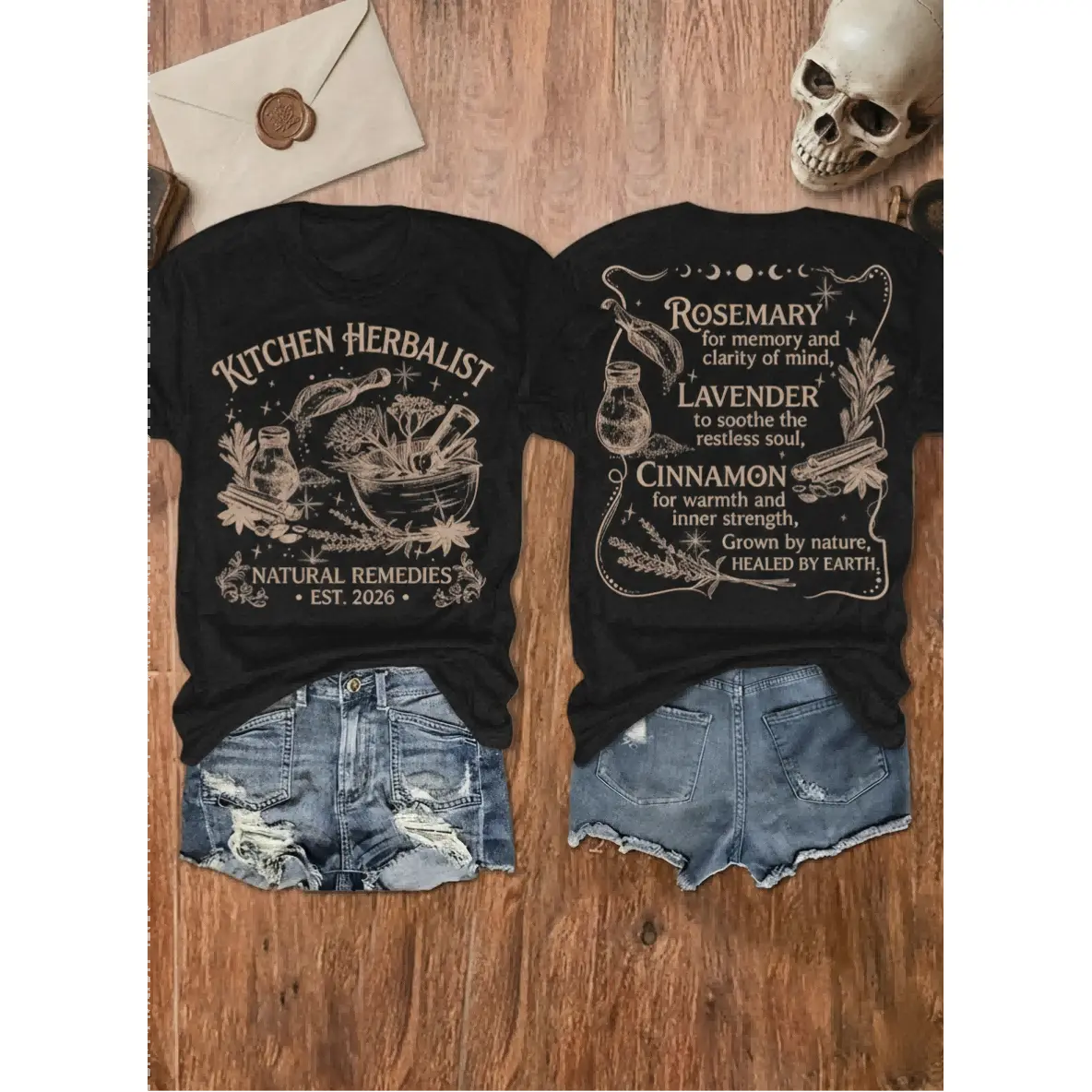 Women's Ornate Witch T-Shirt, Cottagecore Oversized Tee with Herbalist Graphic in Soft Cotton Fabric for Everyday Wear, No, Round Neck