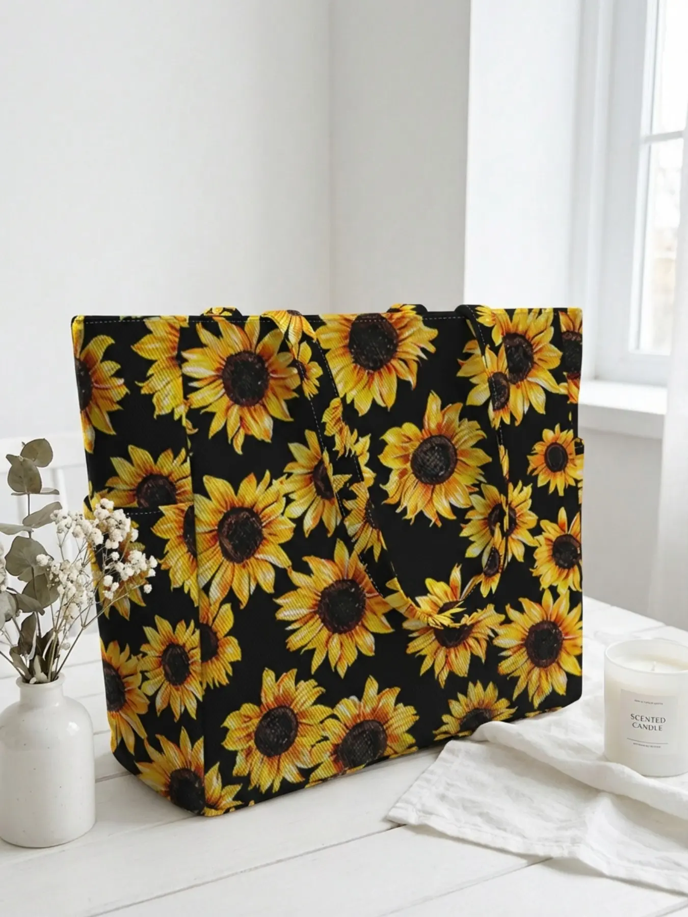 Sunflower Pattern 2D Printed Travel Lightweight Bag, Large Capacity Storage Bag, Durable Multi-Pocket Design, Zipper Closure, Casual Style, Travel Shoulder Bag, Travel Carryall